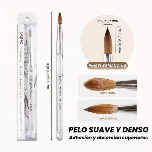 Vista 4 de Cepillo Pana USA para de uñas de acrílico, puro Kolinsky de pelo ovalado, forma prensada Transparente