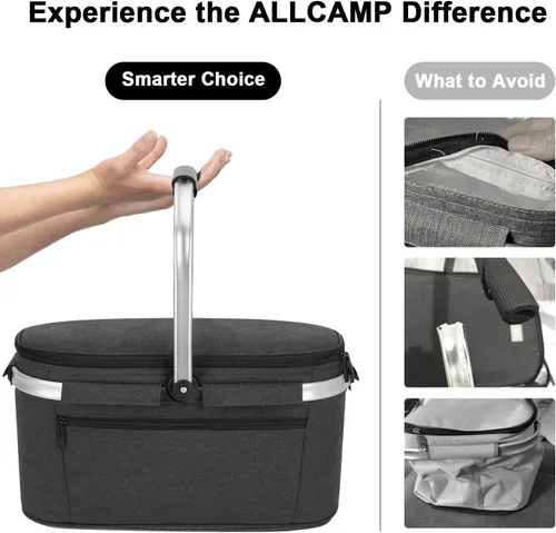 Vista 3 de ALLCAMP Cesta de pícnic, 2 cajas de hielo incluidas con enfriador aislado de 32 litros, cesta de picnic plegable gruesa con cestas extraíbles