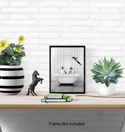 Vista 5 de Arte de pared de baño, decoración de pared de baño, decoración negra divertida, baño de invitados, ilustraciones de baño, regalos de pingüinos