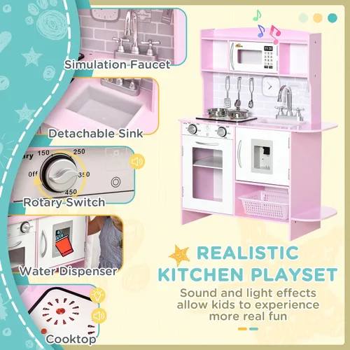 Vista 3 de Qaba Juego de juguetes de cocina para niños con diseño realista, luces de estufa, almacenamiento, dispensador de agua, para niños de 3 a 6 años