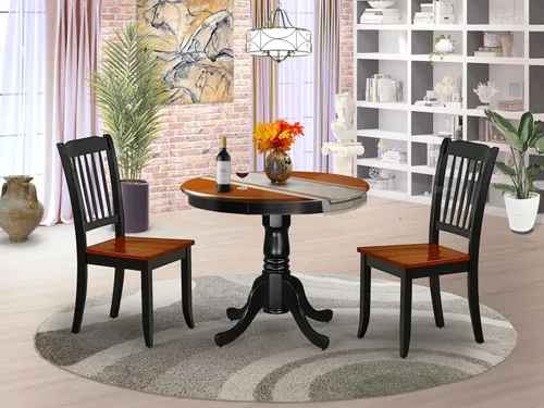 Vista 2 de East West Furniture ANDA3-BCH-W Juego de mesa de comedor de 3 piezas para espacios pequeños contiene una mesa de cocina redonda con pedestal y 2