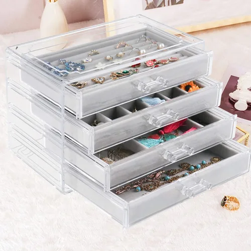 Vista 2 de Weiai Organizador de joyas acrílico caja de joyería transparente con 4 cajones vitrina de terciopelo para almacenamiento aretes anillos collares
