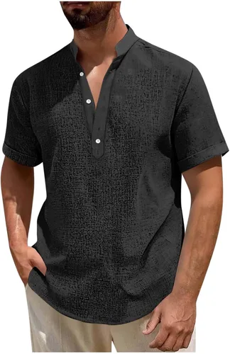 Vista 8 de Camisa hawaiana para hombre, manga corta, cuello en V, cuello en V, camisas de lino con botones, camisetas de crucero, camisetas casuales bohemias
