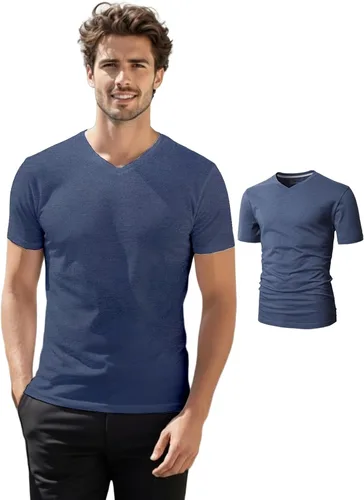 Vista 7 de H2H Camisetas para hombre - Pack de varias unidades, diseño simple, manga corta, ajuste delgado, mezcla de algodón (cuello en V/cuello redondo)