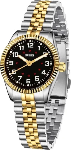 Vista 16 de BUREI Reloj de negocios para mujer con fecha de día, movimiento de cuarzo analógico, pulsera de acero inoxidable de oro plateado, reloj de moda