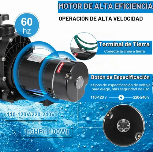 Vista 4 de TOPDEEP Bomba de piscina de 1.5 HP para enterrar, bomba de piscina autorecortable sobre el suelo, bombas de piscina de una sola velocidad de doble
