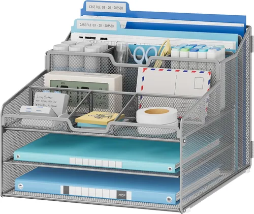 Vista 11 de Lavatino Organizador de escritorio, malla metálica con 2 bandejas de papel para cartas, 7 divisores flexibles, 2 soportes verticales para archivos