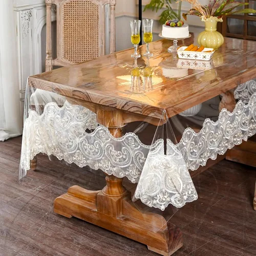 Vista 2 de ARTABLE Mantel rectangular de vinilo de PVC, impermeable, transparente, con borde de macramé de encaje champán, para boda, cocina, hogar