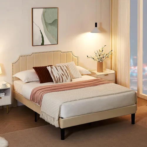 Vista 4 de VECELO Base de cama tamaño Queen tapizada con cabecera ajustable copetuda/base de colchón con soporte de listones de madera, fácil montaje, beige