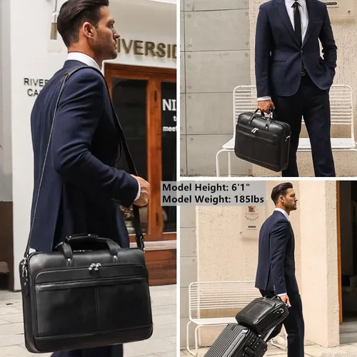 Vista 2 de Masa Kawa Maletín de cuero para hombre de 17/15.6" con bandolera para laptop, bolsa de hombro con mensajero para negocios, viaje, trabajo, estuche