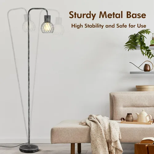 Vista 6 de Lámpara de pie industrial, lámpara de pie plateada antigua moderna con bombilla LED de 6 W, interruptor de pie, lámparas altas de metal para sala