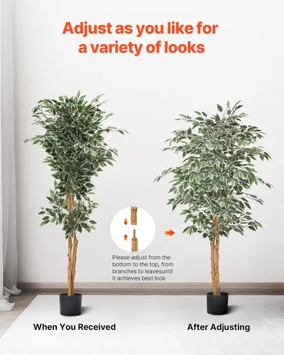 Vista 6 de VEVOR Árbol de ficus artificial de 5 pies con maceta negra, planta alta de ficus sintético con tronco de madera natural y hojas verdes realistas