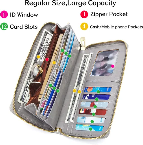 Vista 3 de Badiya Cartera para mujer, con bloqueo RFID, de cuero, con cremallera, de gran capacidad, para tarjetas de crédito, bolso largo, Gris