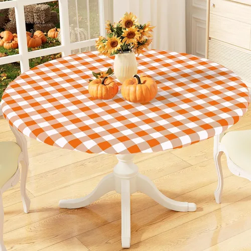 Vista 12 de misaya Mantel redondo ajustable con borde elástico, mantel de vinilo impermeable a cuadros de búfalo con parte trasera de franela para mesas Cuadros