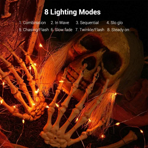 Vista 4 de BrizLabs Luces de hadas naranjas, paquete de 4 luces LED de Halloween de 19.47 pies, 60 luces LED naranjas de Halloween, 8 modos de batería, luz