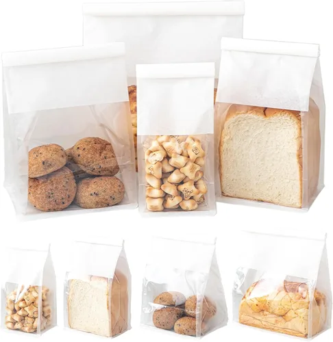 Vista 9 de 50 bolsas de pan con lazo de lata, bolsas para pan hechas de papel de algodón marrón, bolsa de embalaje de almacenamiento con ventana transparente