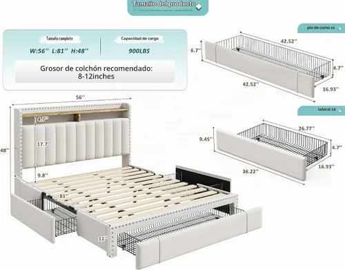 Vista 2 de EnHomee Marco de cama Full tapizada con 3 cajones de almacenamiento, cabecera de almacenamiento de 2 niveles, marco de cama de plataforma con Beige