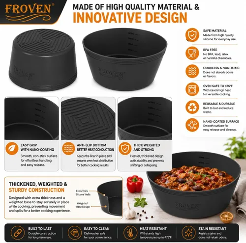 Vista 3 de FROVEN Forros de silicona para olla de cocción lenta de 4-4.5 cuartos, ovalados – Reutilizables, acolchados, con peso y resistentes. Compatibles