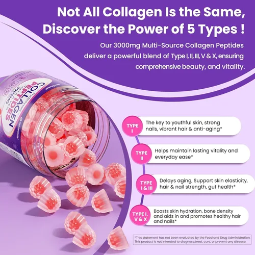 Vista 3 de Gomitas de colágeno para mujeres y hombres, 3000 mg, péptidos de colágeno hidrolizados con mezcla antioxidante y enzimas digestivas, colágeno