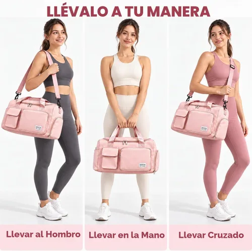 Vista 3 de Bolsa de Gimnasio Pequeña para Mujer, Bolsa de Lona de Viaje, Bolsa de Fin de Semana con Compartimento para Zapatos rosado