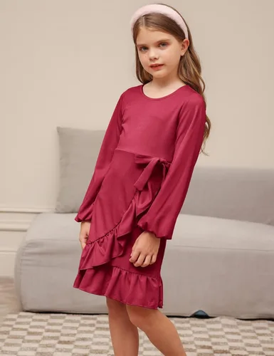 Vista 2 de GRACE KARIN Vestidos de fiesta con cuello redondo para niñas con dobladillo de volantes de doble capa 5-12 años