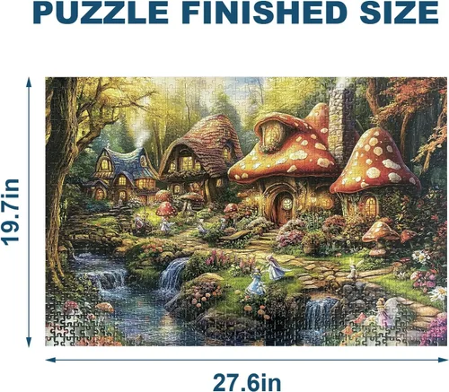 Vista 3 de Rompecabezas HENGCHI para adultos, 1000 piezas, arte de fantasía de pueblo de hongos Encantado cuento de hadas rompecabezas cerebro impulsar marco
