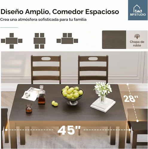 Vista 6 de MFSTUDIO Juego de 4 sillas de mesa de cocina de 5 piezas, juego de mesa de comedor de madera para 4, juego de mesa de comedor de granja que ahorra