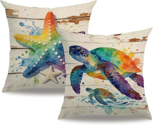 Vista 8 de 7COLORROOM Paquete de 2 fundas de almohada de playa/costera, tortuga marina/caballo marino, fundas de cojín decorativas de algodón y lino, 20 x 20