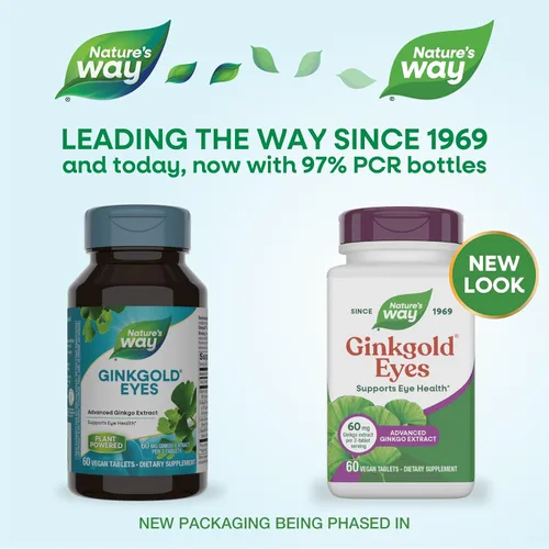 Vista 2 de Nature's Way Ginkgold Eyes, Gingko Biloba Suplemento para adultos, fórmula de salud visual*, sin gluten, 60 mg de extracto de ginkgo biloba por