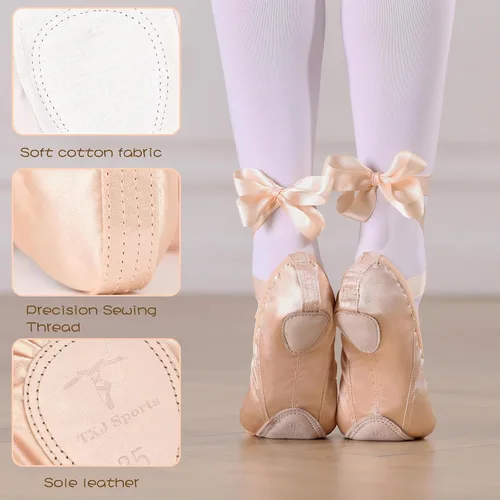 Vista 5 de Zapatos de ballet para niñas, zapatillas de ballet rosas con suela dividida de satén para mujer, zapatos de baile planos con cinta para yoga