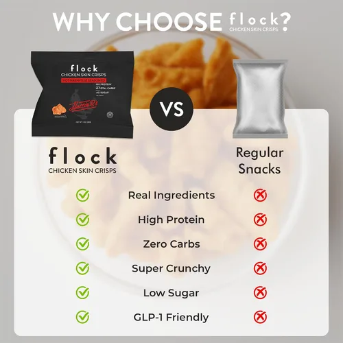 Vista 5 de Flock Chips de piel de pollo Keto Hattie B's Nashville Hot Flavor Pieles de pollo fritas bajas en carbohidratos, altas en proteínas, sin azúcar