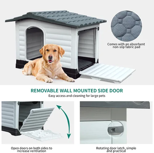 Vista 7 de YITAHOME Casa para perros grande de 2 puertas con base elevada y cojín, casa de plástico para perros pequeños y medianos, fácil montaje, impermeable