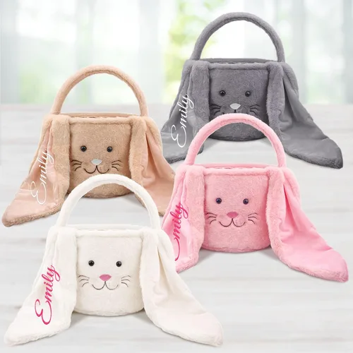 Vista 7 de Cesta de Pascua de felpa con nombre personalizado para niños, cesta de Pascua de conejo peludo con orejas largas para niños y niñas, cesta de caza