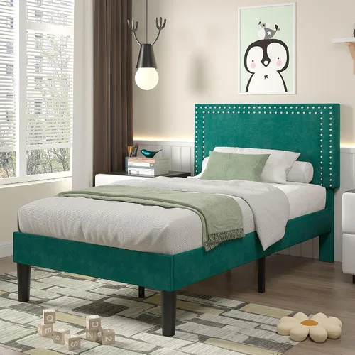 Vista 132 de VECELO Base de cama de plataforma de tamaño individual con cabecera tapizada de altura ajustable, base de colchón moderna, soporte de listones