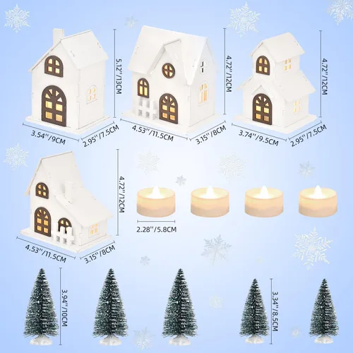 Vista 5 de Ovootok Juego de Esculturas Navideñas de Madera y Plástico, 9 piezas, Incluye 4 Casas con Iluminación LED y 5 Árboles Escarchados para Decoración