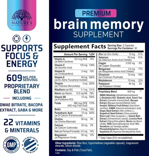 Vista 2 de Píldoras de suplemento de memoria cerebral, nootrópicos de fuerza 3X para concentración, claridad y apoyo de enfoque, salud cerebral, vitaminas