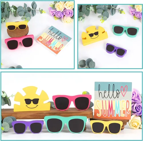 Vista 3 de Decoración de verano – 6 piezas de decoración rústica de verano con bandejas escalonadas – Gafas de sol de madera para el hogar – Decoraciones