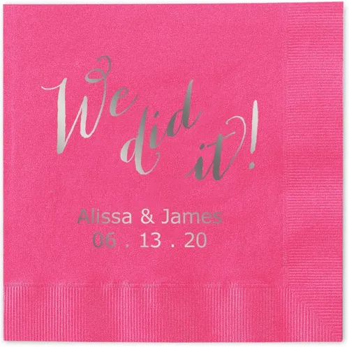 Vista 2 de We Did It - Servilletas de cóctel personalizadas, 100 servilletas negras de papel de 3 capas impresas en papel acuñado, plegadas de 4 3/4 x 4 3/4