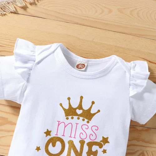 Vista 7 de Conjunto de mameluco de algodón para el primer cumpleaños para niñas con lentejuelas y lazo para la cabeza, 3 piezas