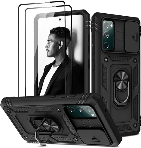 Vista 25 de Jeylly Funda para Galaxy A12 con cubierta deslizante para cámara, protector de pantalla de vidrio templado, protección híbrida de policarbonato duro