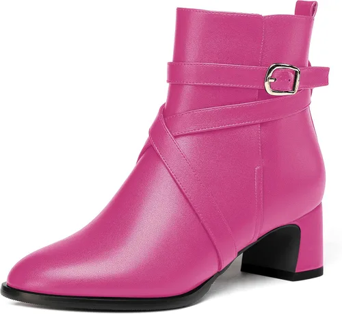 Vista 11 de WAYDERNS Botas altas de tobillo con hebilla casual para mujer, con correa de tobillo sólida mate, tacón bajo y grueso, 2 pulgadas