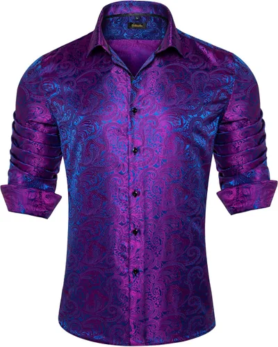 Vista 37 de DiBanGu Camisa de vestir de paisley de seda para hombre, formal, de manga larga, con cuello abotonado, camisas informales para fiesta de boda Negro