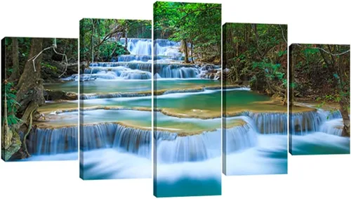 Vista 9 de Wieco Art Lienzo de cascada pacífica para pared, cuadros de árboles verdes para sala de estar, dormitorio, decoración del hogar, 5 piezas, estirado