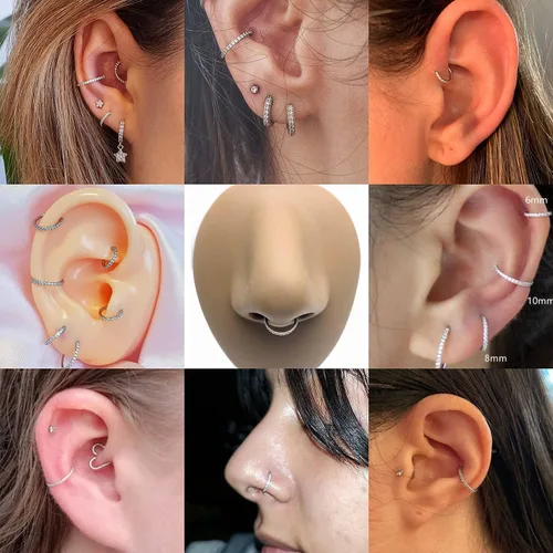 Vista 3 de FUNLMO - Aro de circonia cúbica y ópalo calibre 20G18G16G14G acero quirúrgico 316L aro para nariz tabique cartílago hélice trago joyería de piercing
