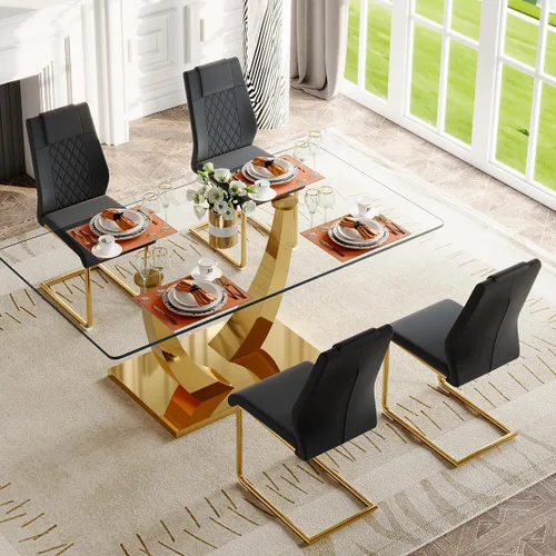 Vista 2 de Juego de mesa de comedor de cristal de 63 pulgadas para 4, mesa de comedor para 4, mesa de comedor con patas y base de acero inoxidable, sillas