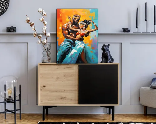Vista 2 de Arte de pared afroamericano, decoración de rey y reina bailarín negro para sala de estar, arte de pareja de amor negro para dormitorio, lienzo