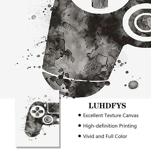 Vista 6 de Gamepad - Lienzo decorativo para pared, pintura temática de videojuegos, obra de arte en blanco y negro, decoración de póster, regalo y amantes