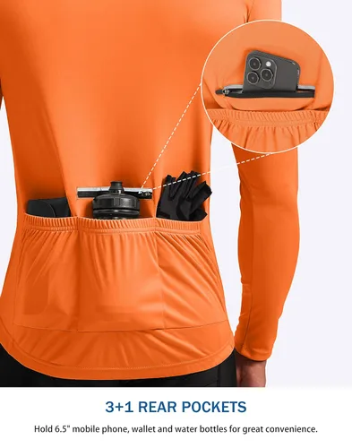 Vista 3 de Bikewa Maillot de ciclismo para hombre con 3+1 bolsillos traseros con cremallera, manga larga, absorción de humedad, UPF 50+ media cremallera