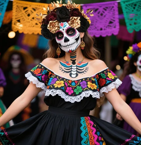 Vista 4 de Diadema de flores de La Catrina, disfraz de Halloween, corona de halo Negro Uva