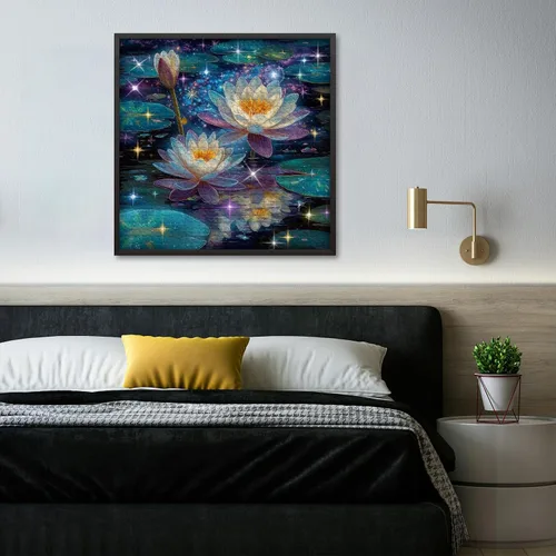 Vista 3 de Rompecabezas de flores de loto de ensueño para adultos, 1000 piezas, rompecabezas artístico de lirio de agua de fantasía con estrellas brillantes